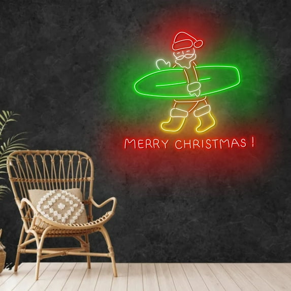 Craftnamesign Santa Surfing Neon Light, Surfing LED Sign, Christmas Wall Art Decor