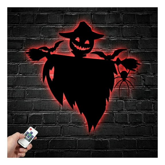 Craftnamesign Scarecrow Metal Wall Art LED Light, Halloween Sign Decoration Hanging