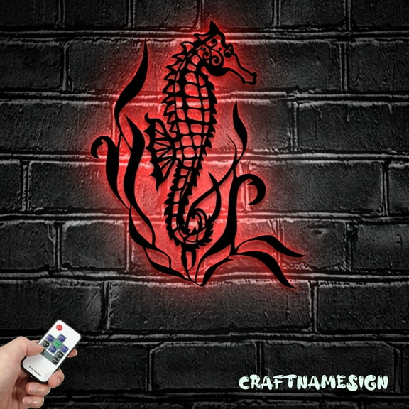 Craftnamesign Seahorse Metal Wall Art LED Light, Beach Sea Horse Ocean Sign Home Decor