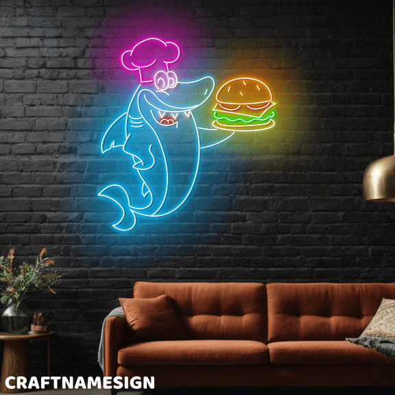 Craftnamesign Shark Chef Hamburger Neon Light Wall Art, Restaurant LED Wall Sign