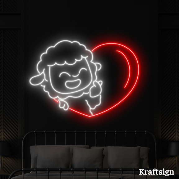 Craftnamesign Sheep Heart Neon Sign, Nursery Room LED Sign, Sheep Lover Gifts, Kid Gifts