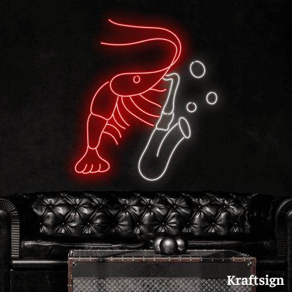 Craftnamesign Shrimp Playing Trumpet Neon Sign, Seafood Restaurant Decor