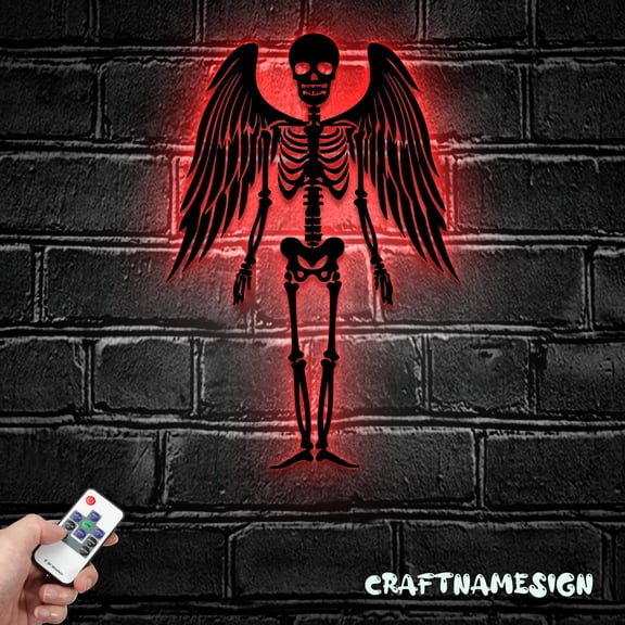 Craftnamesign Skeleton Fairy Metal Wall Art LED Light, Gothic Skull with Wings Sign Decoration