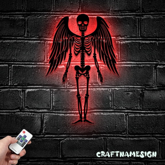 Craftnamesign Skeleton Fairy Metal Wall Art LED Light, Gothic Skull with Wings Sign Decoration