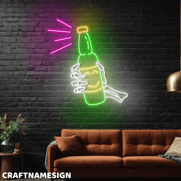 Craftnamesign Skeleton Hand Beer Neon Light, Bar Pub Wall Decor, Beer Club Wall Art