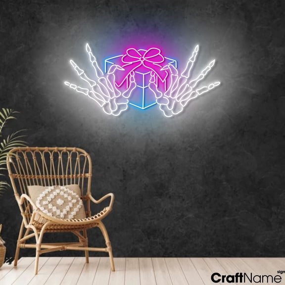 Craftnamesign Skeleton Hand Gift Neon Light Up Sign Wall Art For Bar Shop Decor