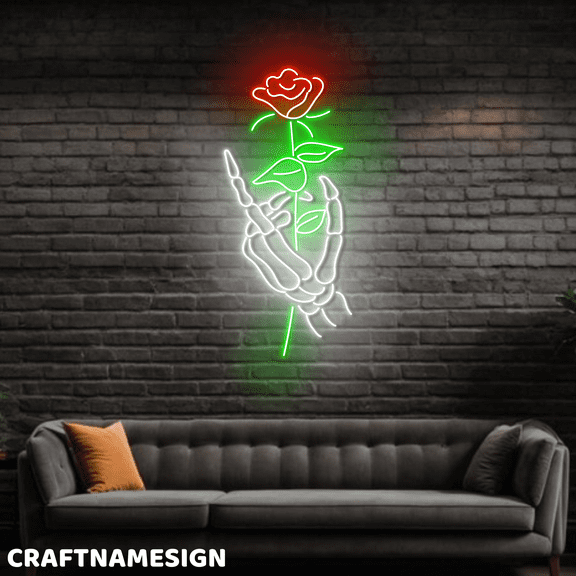 Craftnamesign Skeleton Hand With Rose Neon Artwork For Bar Pub Flower Shop Wall Sign