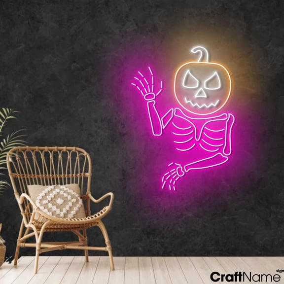 Craftnamesign Skeleton Pumpkin Neon Sign, Halloween LED Light For Bar Party Wall Art