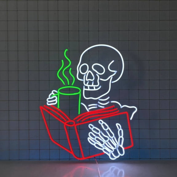 Craftnamesign Skeleton Reading Book Neon Light, Skeleton Coffee Wall Art, Skull Coffee Sign Decor