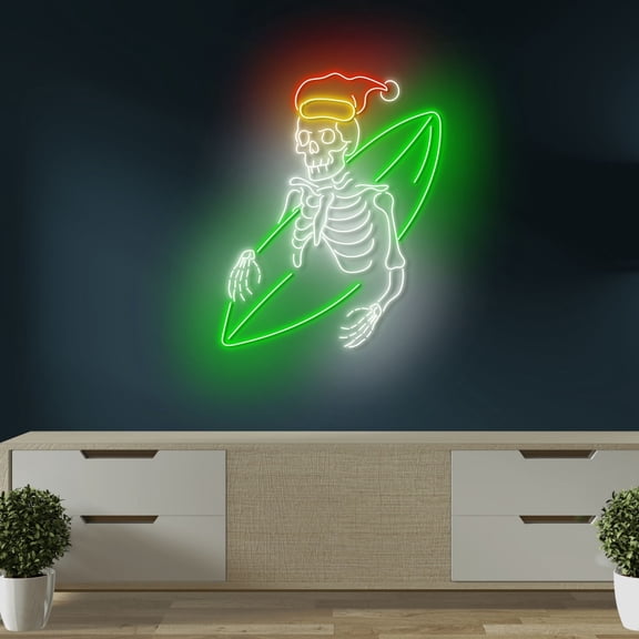 Craftnamesign Skeleton Surfing Xmas Neon Sign, Christmas Wall Art, Skeleton LED Light Up