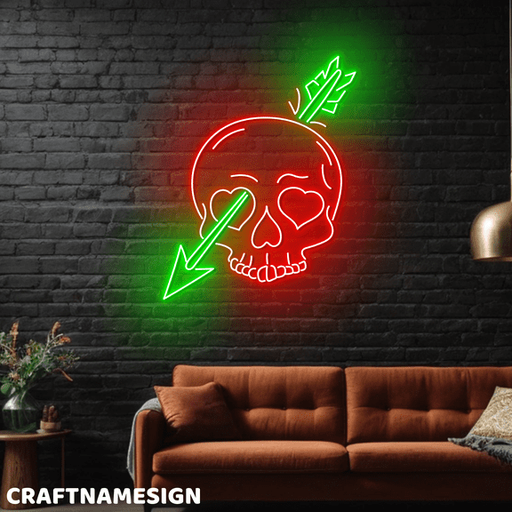 Craftnamesign Skull Arrow Neon Light For Bar Pub Man Cave Halloween Wall Decor