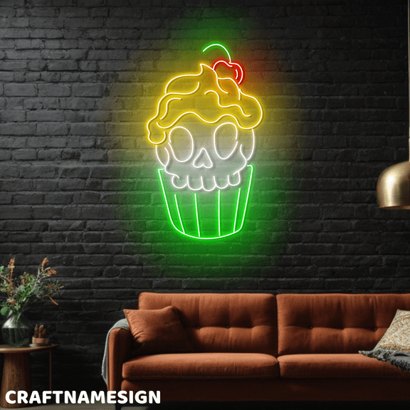 Craftnamesign Skull Cupcake Neon Light, Cupcake Store Halloween LED Sign Wall Decor