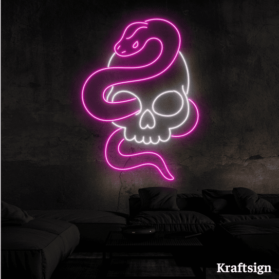 Craftnamesign Skull Snake Neon Sign, Men Cave Decor, Tattoo Shop Wall Art