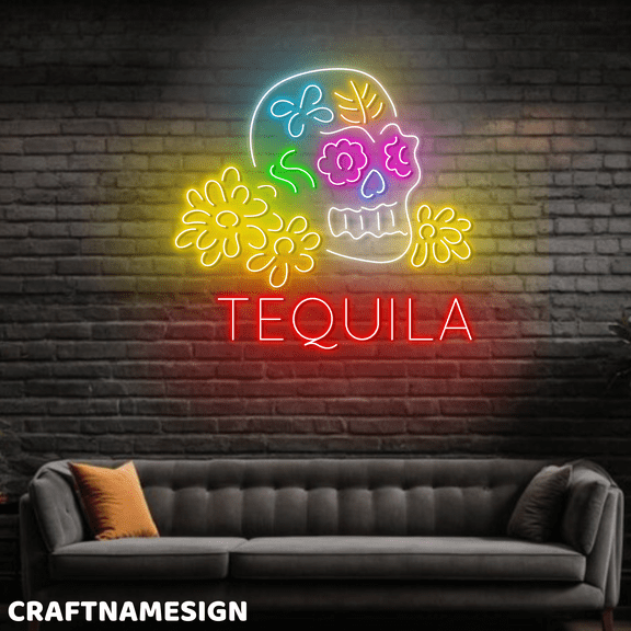 Craftnamesign Skull Tequila Flower Neon Sign For Tequila Cocktail Bar Pub Wall Decor