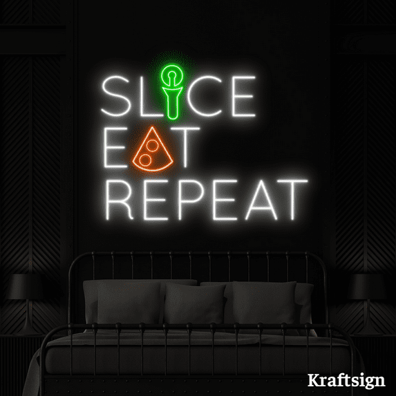 Craftnamesign Slice Eat Repeat Neon Sign,Pizza Restaurant Decor,Pizza Sign