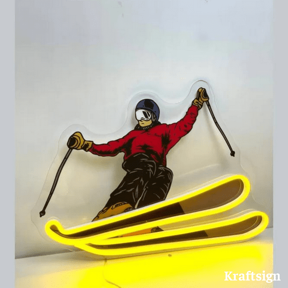 Craftnamesign Snow Skiing Neon Acrylic Print Sign, Snow Skiing Led Sign, Skiing Sign, Skiing Decor