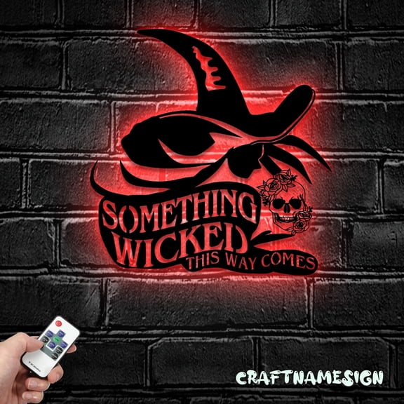 Craftnamesign Something Wicked This Way Comes Metal Wall Art LED Light, Moon Witch Hat Sign Decor