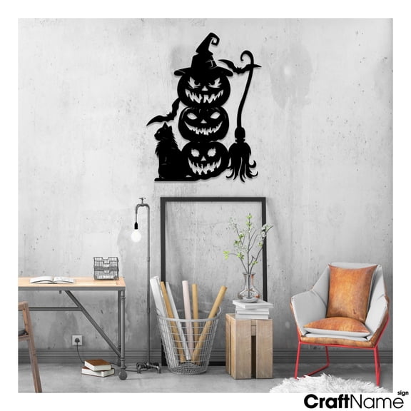 Craftnamesign Spooky Pumpkin Cat Metal Wall Art LED Light, Halloween Sign Home Decor