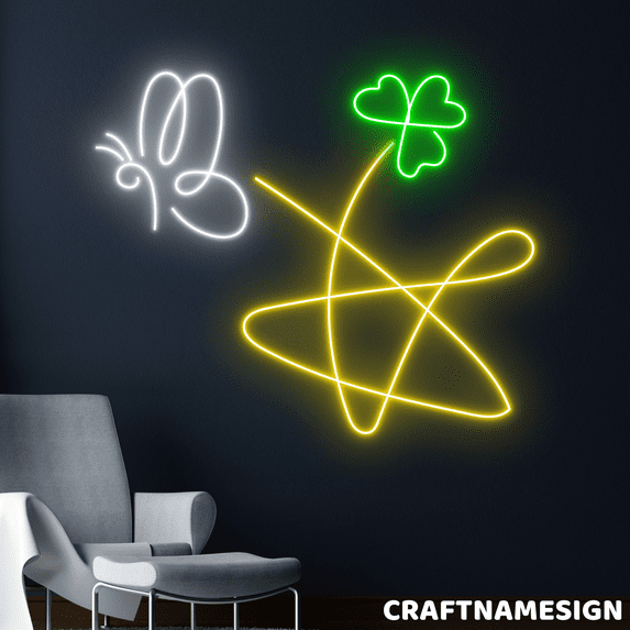 Craftnamesign Star With Butterfly Neon Sign, Star Line Art Wall Decor, Bedroom Wall Art