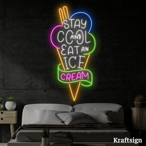 Craftnamesign Stay Cold And Eat Ice Cream Neon Sign, Ice Cream Shop Decor