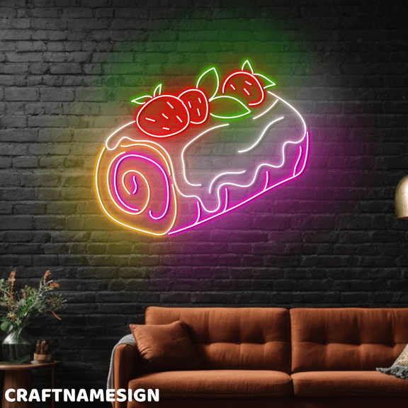 Craftnamesign Strawberry Roll Cake Neon Sign, Dessert Wall Sign, Cake Shop Wall Decor