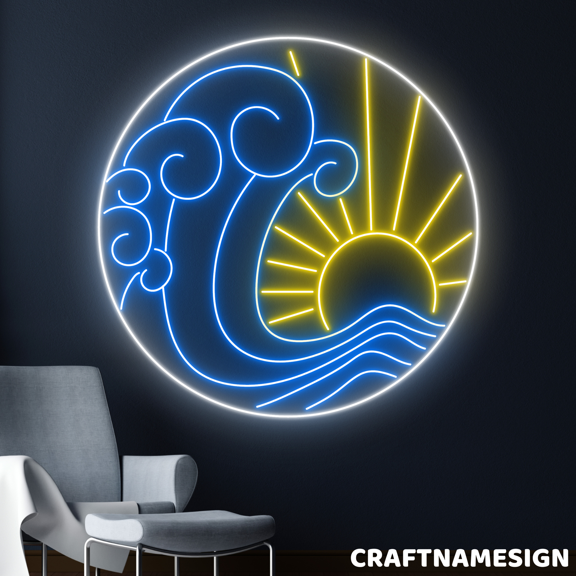 Craftnamesign Sun And Sea Artwork Neon Sign, Hotel Wall Art, Living Room Wall Decor