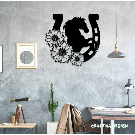Craftnamesign Sunflower Horseshoe Metal Wall Art LED Light, Floral Horse Sign Home Decor