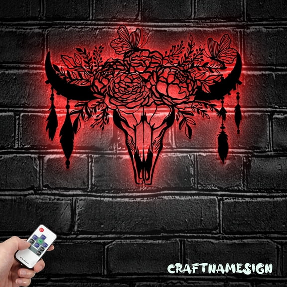 Craftnamesign Sunflower Skull Bull Head Metal Wall Art LED Light, Western Bull Sign, Bull Sign