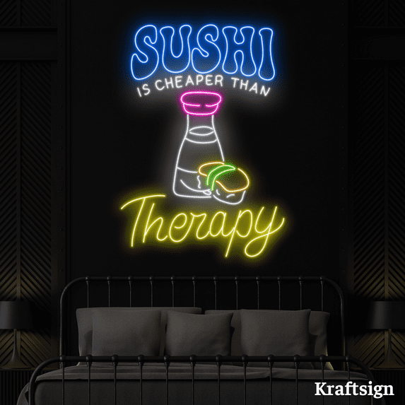 Craftnamesign Sushi Is Cheaper Therapy Neon Sign, Sushi Restaurant Decor