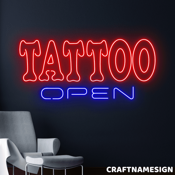 Craftnamesign Tattoo Open Neon Sign, Tattoo Studio Wall Art, Welcome Sign Wall Decor