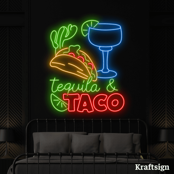Craftnamesign Tequila And Tacos Neon Sign, Bar LED Signs, Tacos Shop Decor