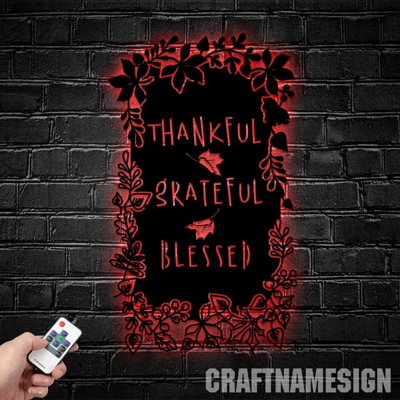 Craftnamesign Thankful Grateful Blessed Metal Sign Led Light, Autumn Wall Art, Thanksgiving Gifts