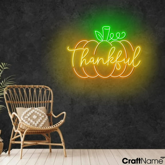 Craftnamesign Thankful Pumpkin Neon Sign Wall Art, Fall Welcome Sign LED Light Wall Decor