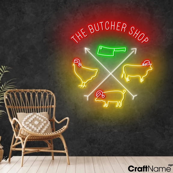 Craftnamesign The Butcher Shop Neon Sign, Meat Store LED Light, Christmas Wall Art