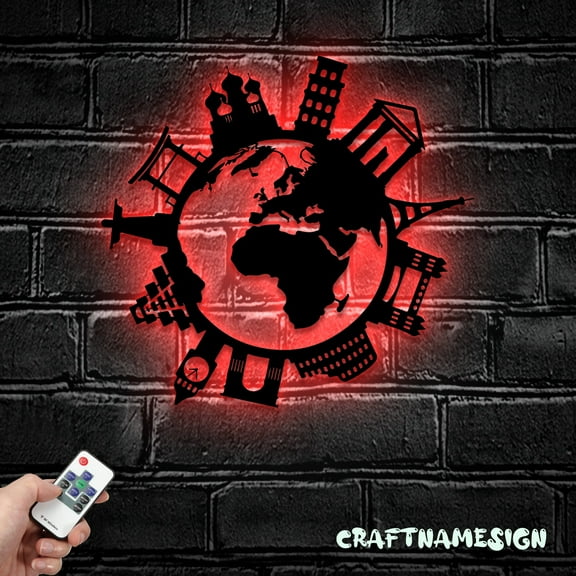 Craftnamesign Traveling Around The World Metal Wall Art LED Light, World Landmarks Sign Decoration