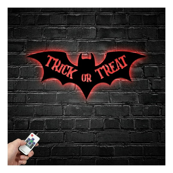 Craftnamesign Trick Or Treat Bat Metal Wall Art LED Light, Halloween Sign Home Decor