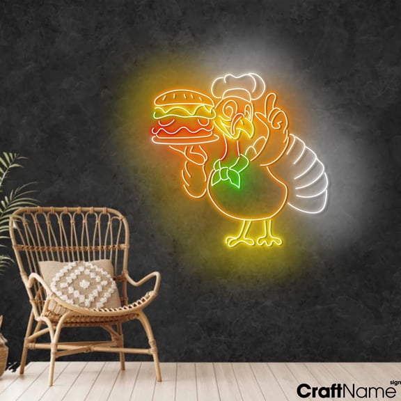 Craftnamesign Turkey Chef Hamburger LED Light, Restaurant Neon Sign, Thanksgiving Wall Art