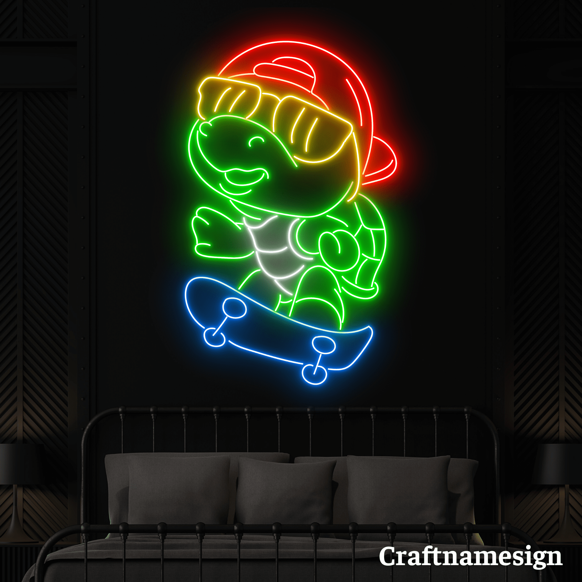 Neon Turtle Sign Craftnamesign Turtle On Skateboard Neon Sign for Skateshop Kid Room ...