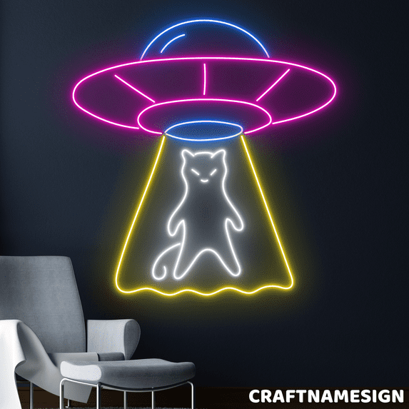 Craftnamesign UFO Abduction Cat Led Sign, Pet Shop Wall Decor, Pet Shop Wall Art