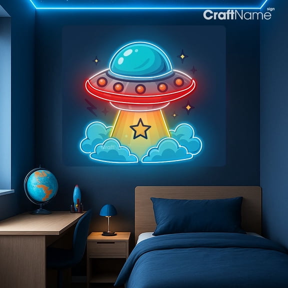 Craftnamesign UFO Neon Light for Kids Room Wall Decor, Gaming Room Wall Art, Flying Saucer Led Sign