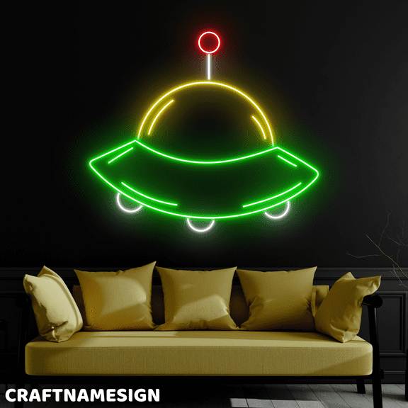 Craftnamesign UFO Neon Sign, UFO Spaceship Wall Art, Kids Room Led Light Wall Decor