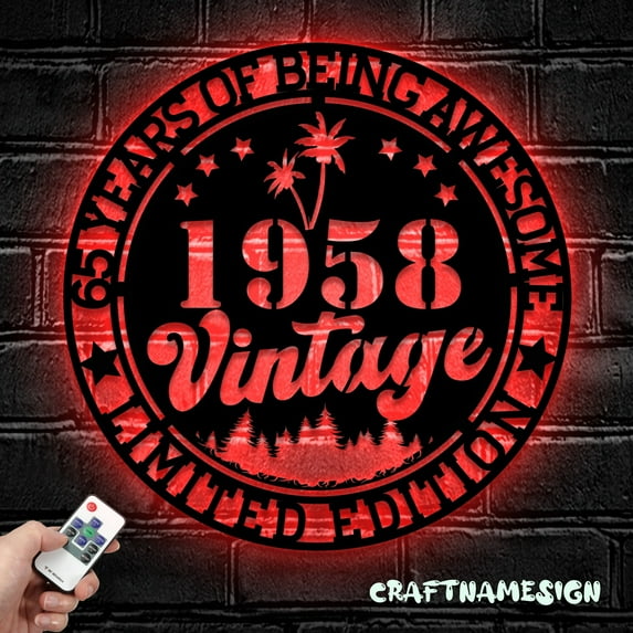 Craftnamesign Vintage 1958 Metal LED Light, 1958 Metal Wall Art LED Light, 65th Birthday Metal Sign