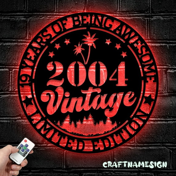 Craftnamesign Vintage 2004 Metal Wall Art LED Light,19th Birthday Wall Art, 19th Birthday Gift