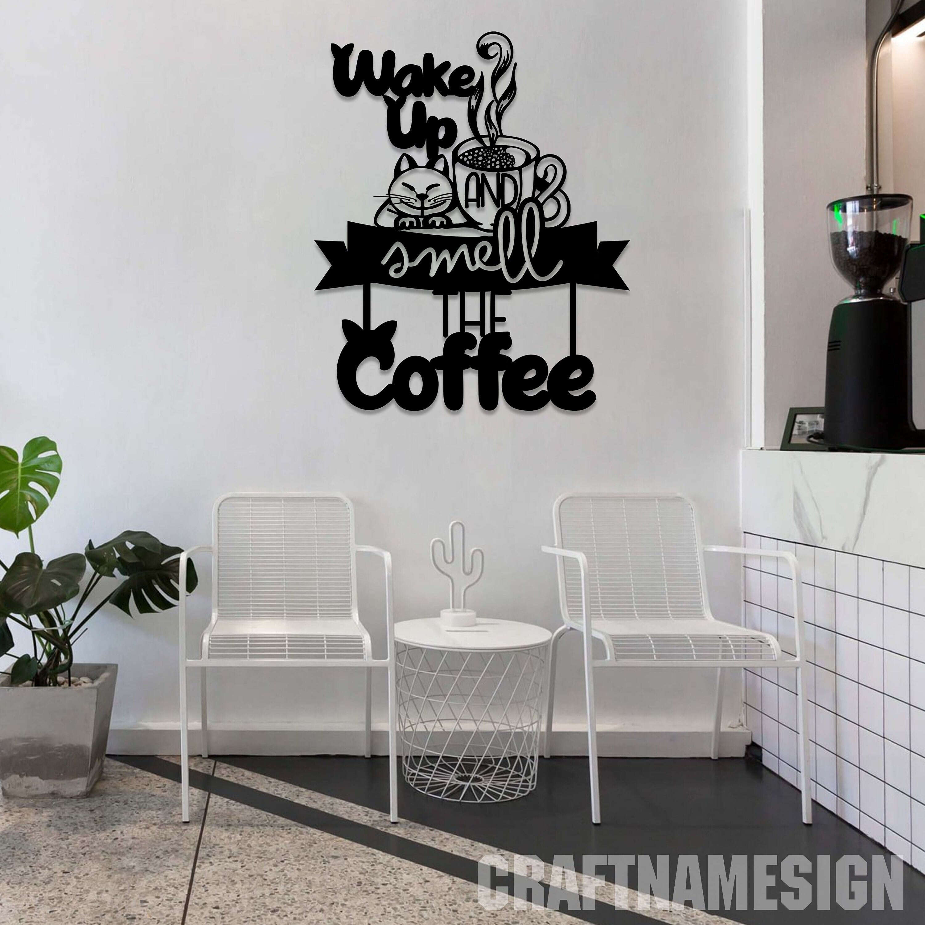 Craftnamesign Wake Up And Smell The Coffee Metal LED Light, Custom Coffee Shop Name Sign Outdoor