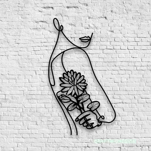 Craftnamesign Water Lily Flower Female Line Art Metal Wall Art LED Light, July Birthday Sign