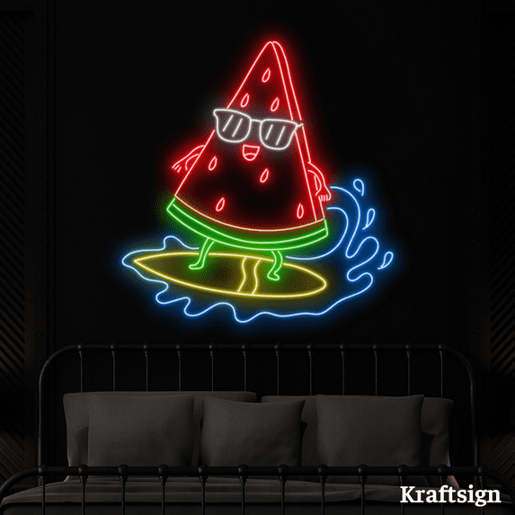 Craftnamesign Watermelon Surfing Neon Sign,Surfboard Shop Decor,Fruit Sign