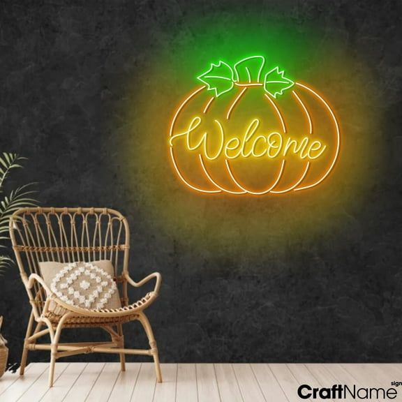Craftnamesign Welcome Pumpkin Neon Sign Wall Art, Autumn Harvest LED Light Wall Decor