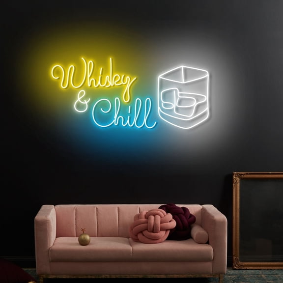 Craftnamesign Whiskey & Chill Neon Light, Whiskey Bar Led Sign, Whiskey Cocktail Light Wall Decor