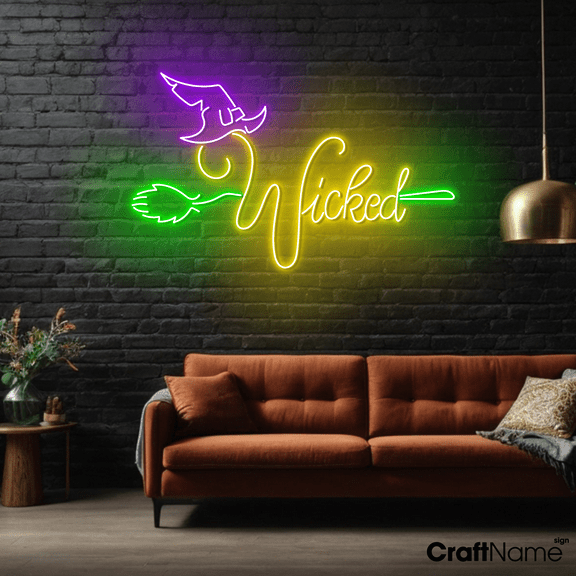 Craftnamesign Wicked Witch Broom Neon Light For Halloween Party Holiday Wall Sign