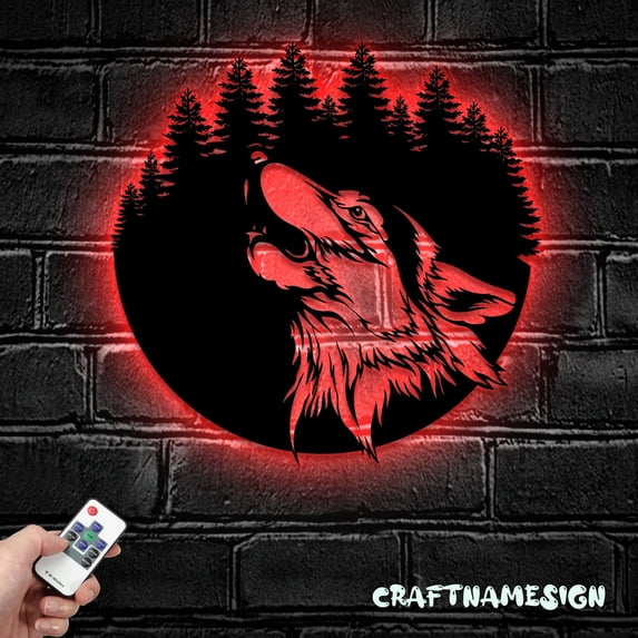 Led Wolves Craftnamesign Wolf In Forest Metal Wall Art LED Light, Wolf Moon Sign ...